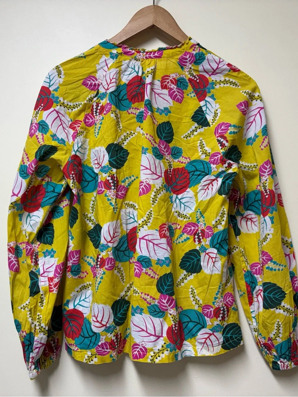 BODEN Heather Yellow Floral Leaf Ruffle V Neck Puff Sleeve Cotton Top - Size 6